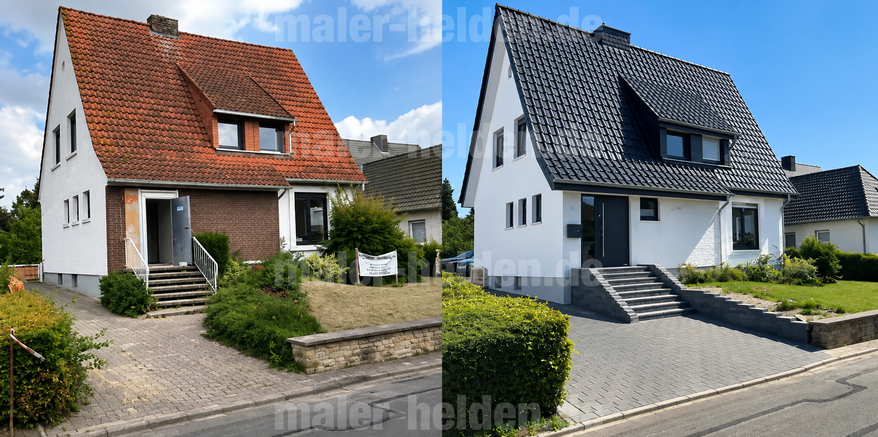 Wohnhaus vor und nach einer umfassenden Fassadenmodernisierung
