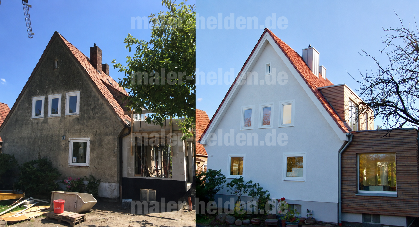Giebelfassade eines Hauses vor und nach der Modernisierung