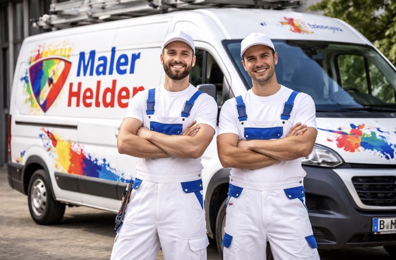 Das Maler-Helden Team vor seinem Firmenfahrzeug