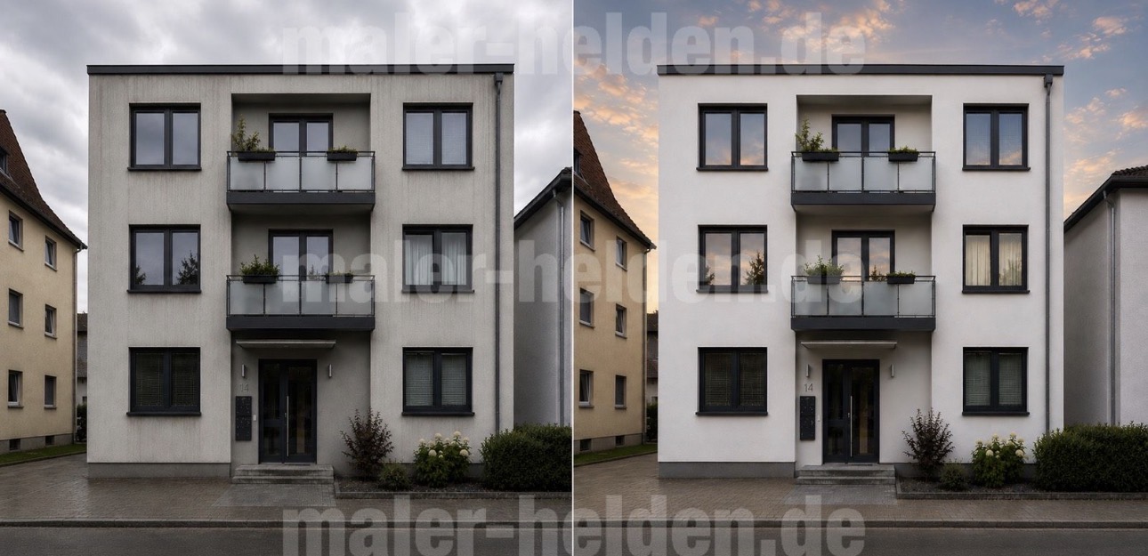Mehrfamilienhaus vor und nach einem neuen Fassadenanstrich